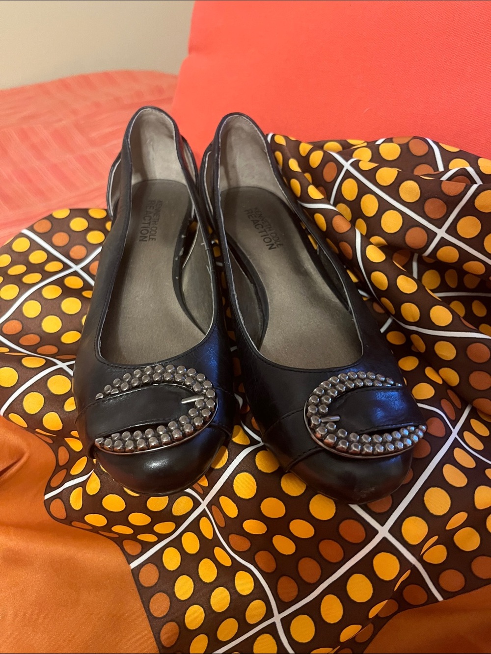 Kenneth Cole Black Studded Circular Buckle Ballet Flats